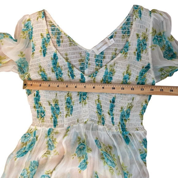 Zimmermann Silk Green White Floral Smocked Babydoll Mini Dress Size 1 M No Liner - Picture 9 of 16